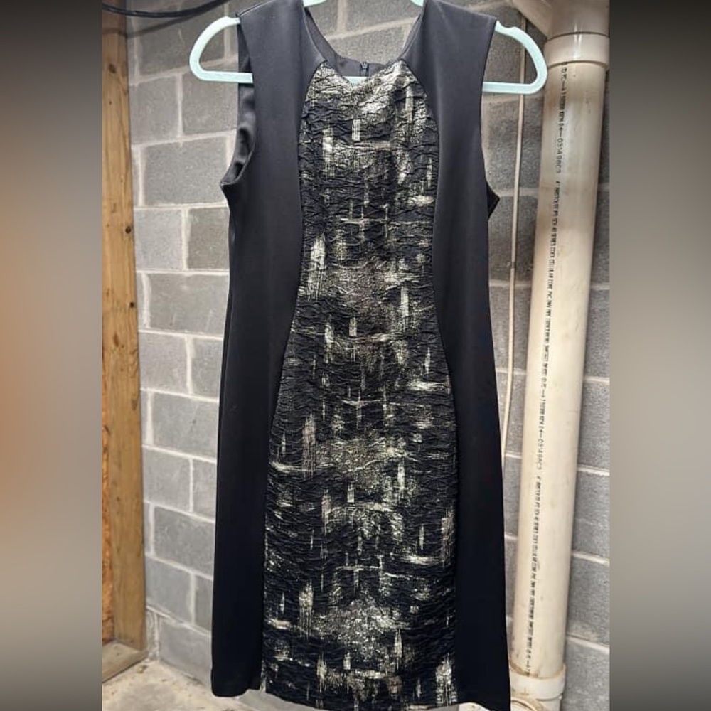 Black and gold foil sheath dress